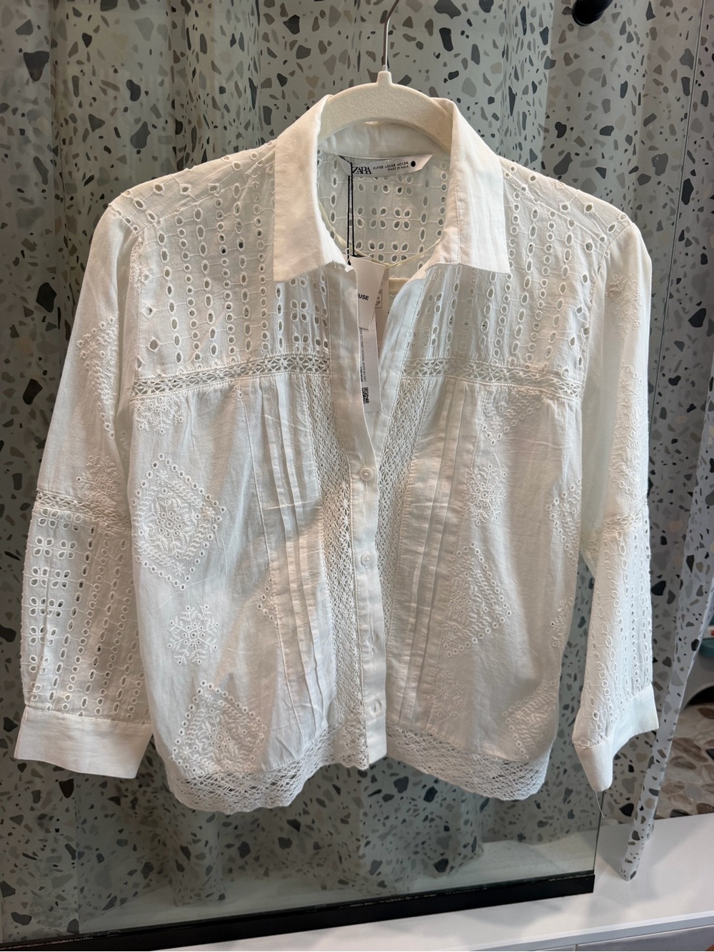 Zara White Cotton Eyelet Button-Down Shirt